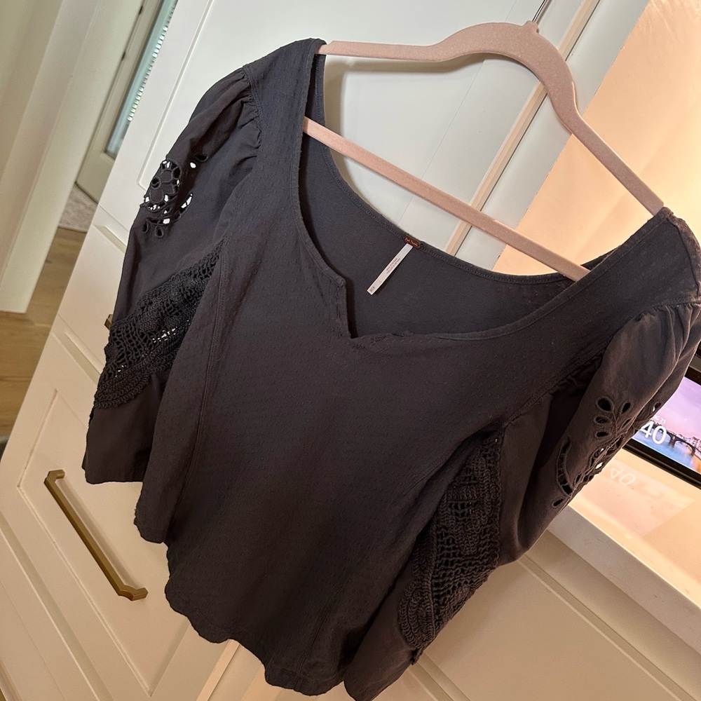 Free People Charcoal Blouse with Lace Accents